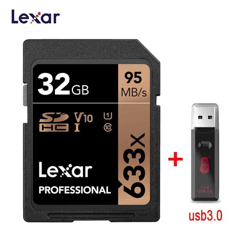 Lexar SD карты 633x 95 м/с 32 Гб U1 SDHC 64 Гб 128 ГБ 256 ГБ 512 г U3 SDXC карты памяти класса 10 для 1080p 3D 4K видео Камера - Емкость: 633X 32GB-C396