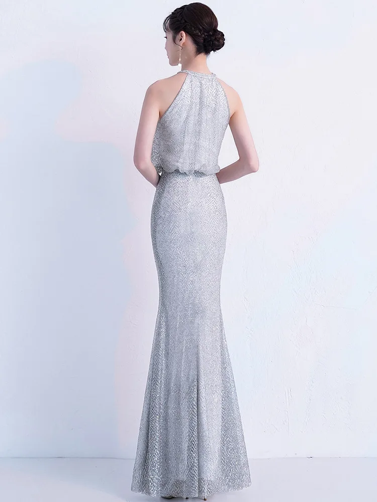 Female Silver Elegant Banquet Gown Exquisite Appliques Embroidery Trim Temperament Formal Party Dresses Sexy Slim Mermaid Dress |