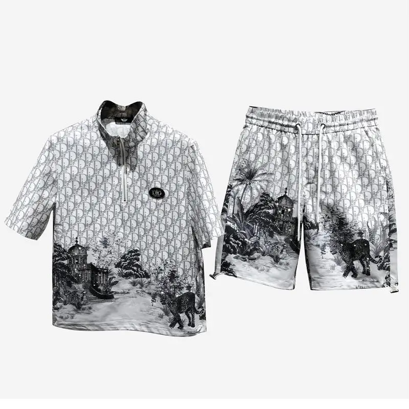 

European Goods Trendy Brand Short-sleeved Suit Men's 2021 Summer New Fashion Printing Fashion Handsome Two-piece Trend