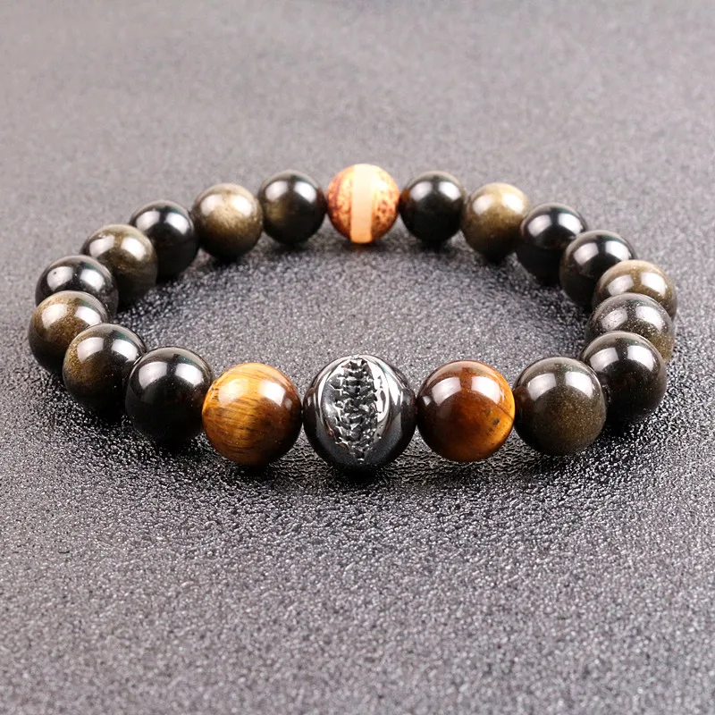 10mm Gold Obsidian Stone with Tiger Eye Beads Men Women Unisex Wristband Black Wealth and Good Luck Bracelet | Украшения и