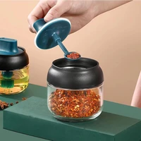 glass kitchen spice jars with lid with label paper cover spoon integrated seasoning organizer salt pepper soy sauce oil bottle