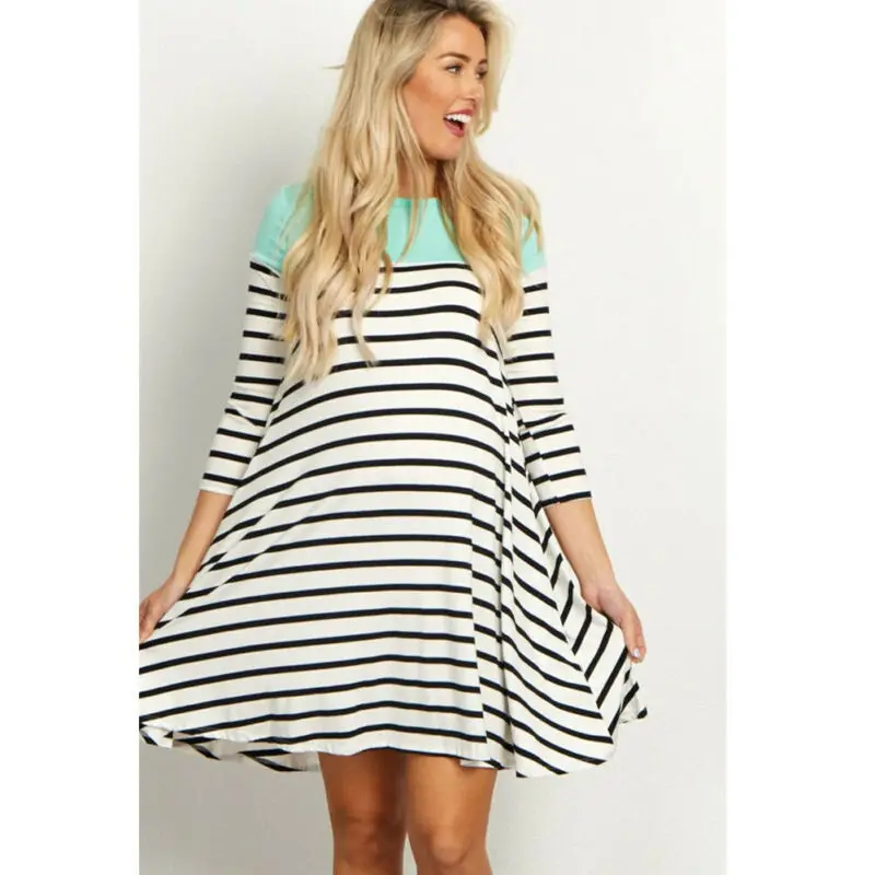 

Pregnant Women Long Sleeve Striped Dress Nursing Breastfeeding Summer Gown Maternity Dresses