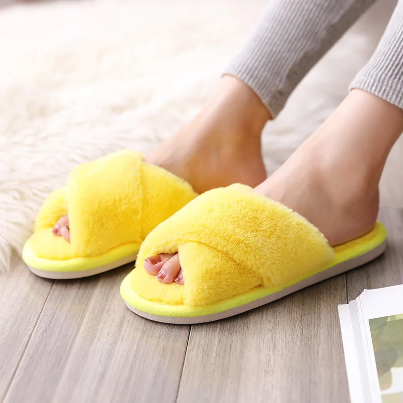 Yellow Cross Non-slip Faux Fur Winter Women Slippers Home Female Comfort Floor Women Shoes Cotton Ladies Indoor Slippers Plush Slipper Unisex - Цвет: Yellow Cross