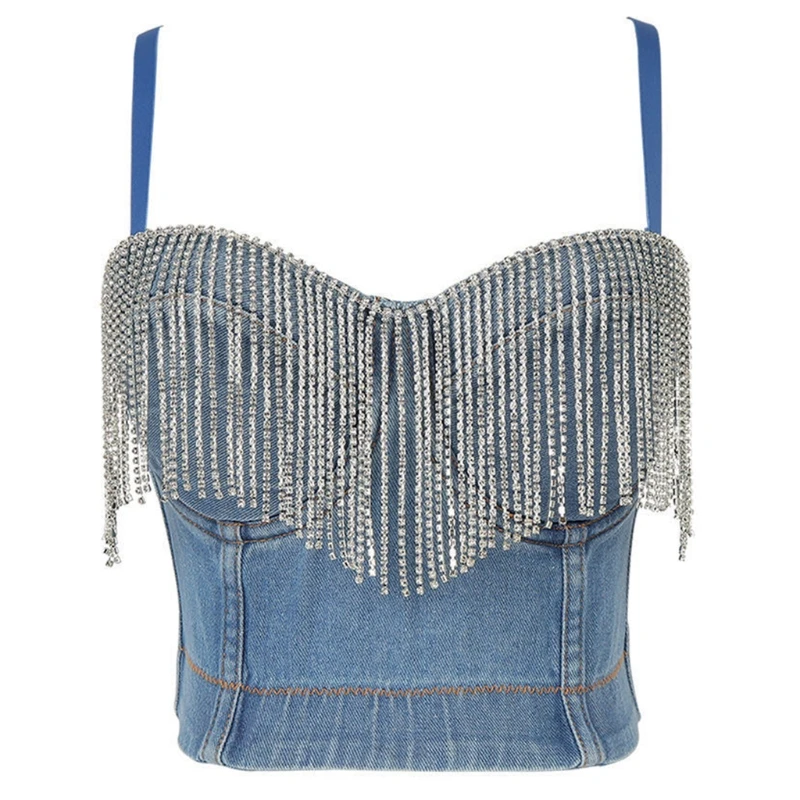 

Women Sexy Spaghetti Strap Bustier Glitter Tassel Rhinestone Washed Denim Camisole Vest Club Party Jean Corset Crop Top