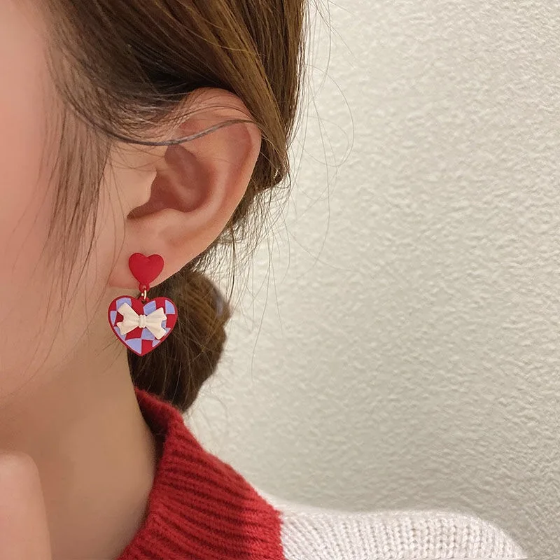 

Korean Small Bow Heart Dangle Earrings for Women Plaid Enamel Drop Earrings Fresh Romantic New Fashion Jewelry Wholesale Gifts
