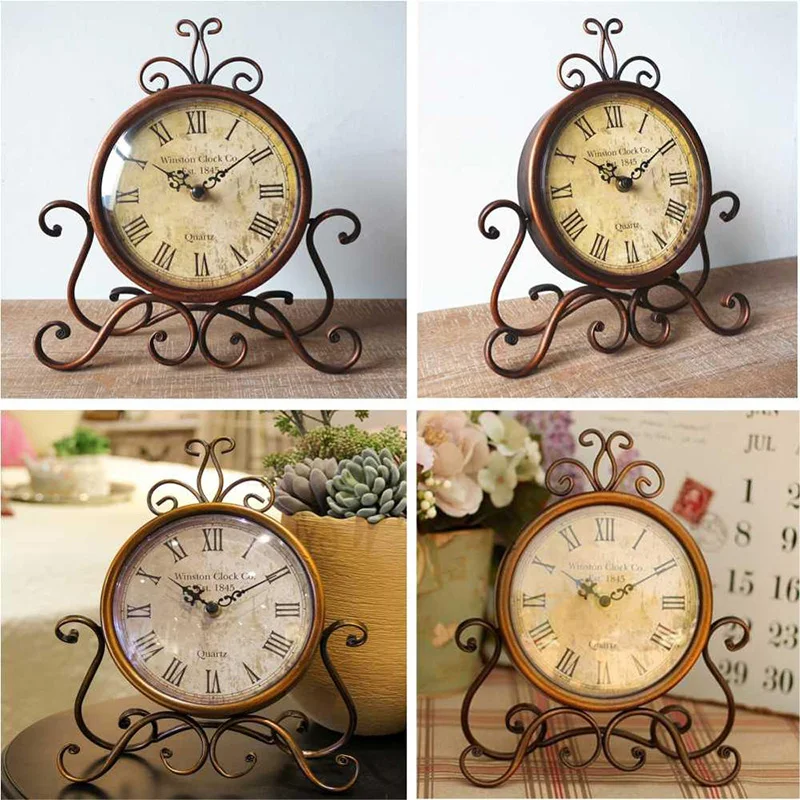 

Vintage European Style Iron Clock Desktop Mute Clock Metal Decoration Ornaments Exquisite Workmanship IQ6