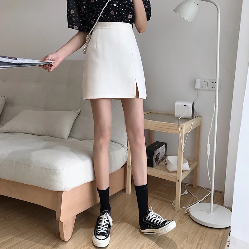 Юбка женская трапециевидная однотонная с высокой талией и разрезом | Женская