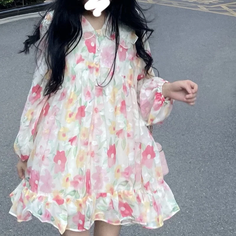 

French Autumn Sweety Gentle Girly Dress Kawaii Peter Pan Collar Cute Floral Ruffles Full Sleeve Loose A-Line Dresses For Female