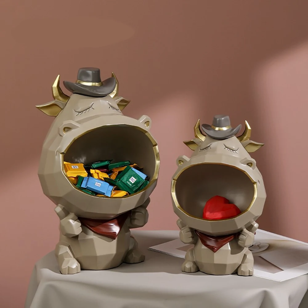 

Cool Big Mouth Cow Figurine Candy Snack Key Storage Box Home Decoration Sculpture Living Room Decor Statue Ornament Accessories