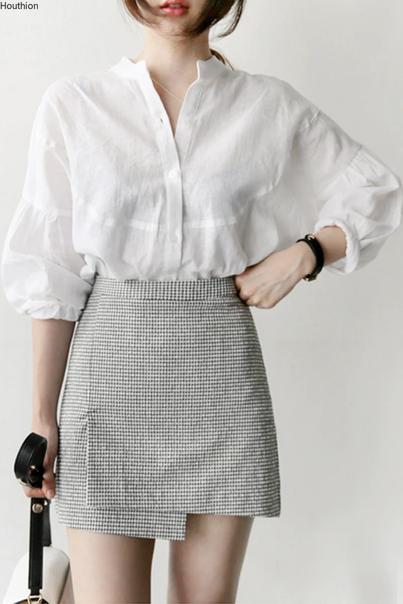 

Fashion Blouses Women's Top Korean Shirt Solid Blended Casual New Three-quarter Sleeve Blouse Lady Shirts Beach Style