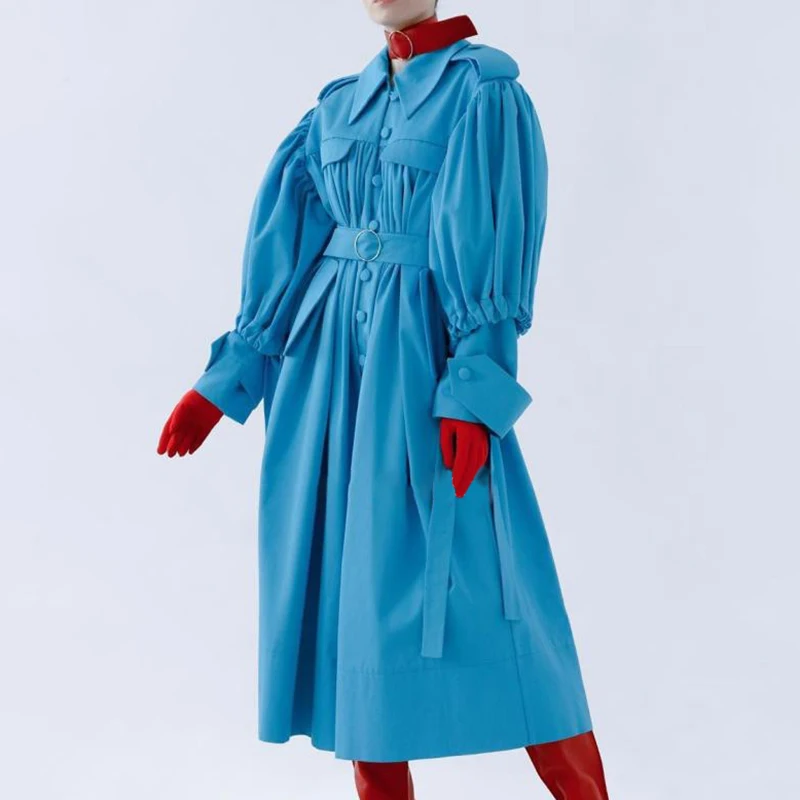 TWOTWINSTYLE, корейские женские пальто из искусственной кожи, воротник с лацканами, пышные рукава, высокая талия, на шнуровке, Женское пальто,, осенняя мода, новинка