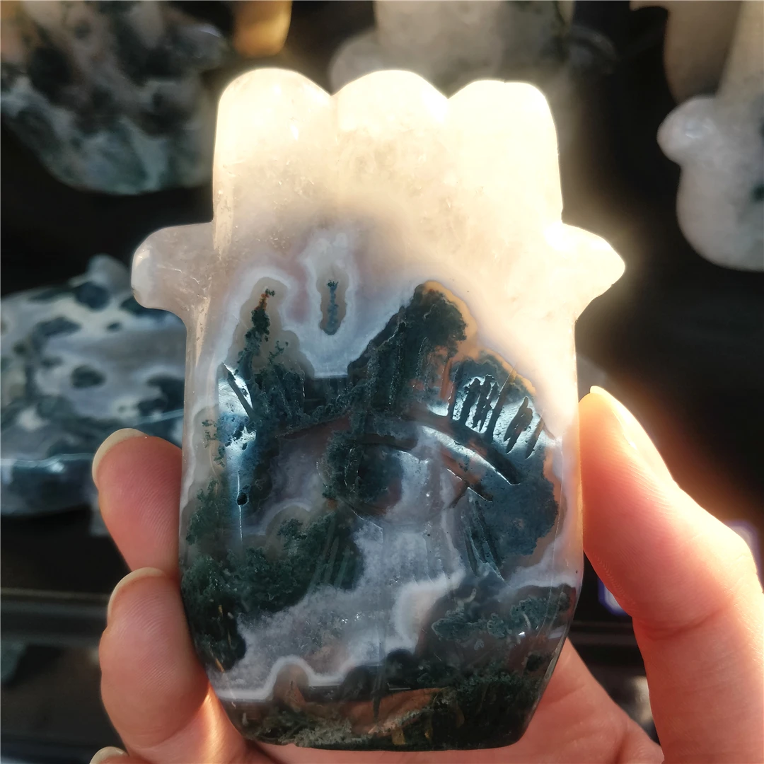 

8CM Natural Moss Tree Agate Crystal Minerals Carved Hand Palm Angel Eye Of Horus Figurines Chakras Energy Stones Original Gifts