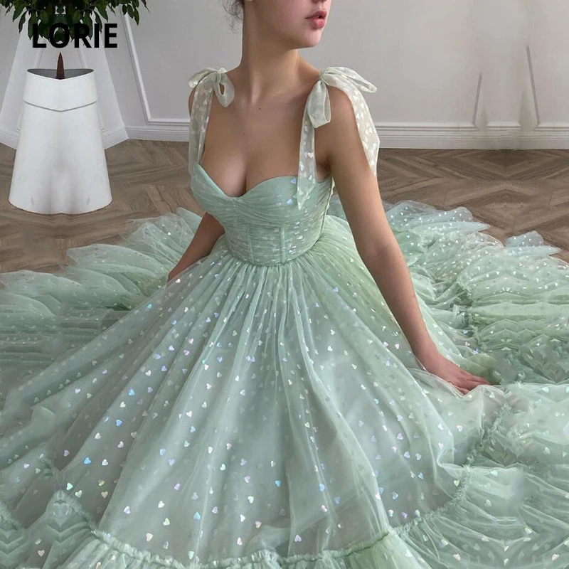 LORIE Glitter Prom Dresses Mint Green Adjustable Straps Shiny Love Tulle Tea Length Arabic Wedding Party Graduation Dress 2021