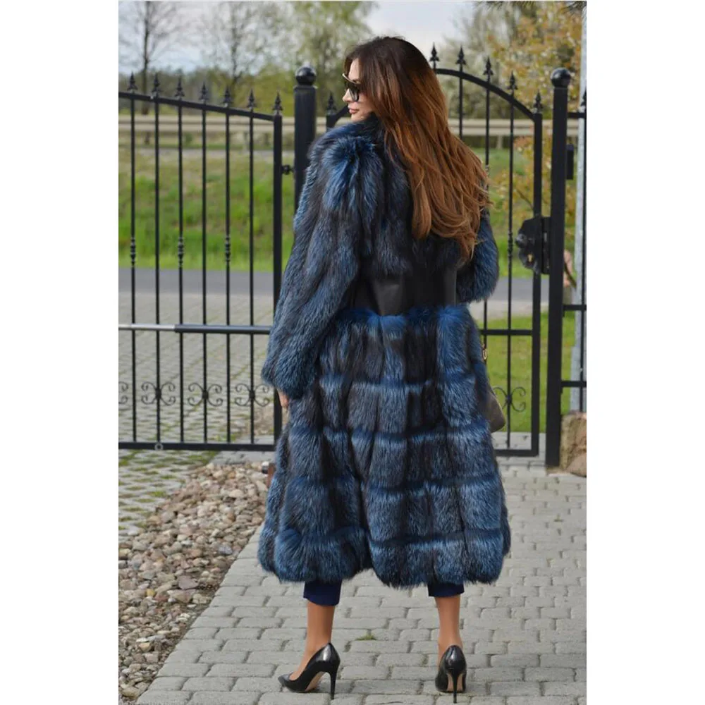 TOPFUR Luxury Real Silver Fox Fur Turn Down Collar Coat Full Pelt Thick Warm Winter Women 100 CM Long Coats Female Outerwear
