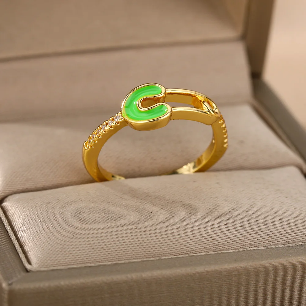 

Green White Paper Clip Rings For Women Adjustable Open Stainless Steel Enamel Ring Couple Wedding Band Jewerly Christmas Gift