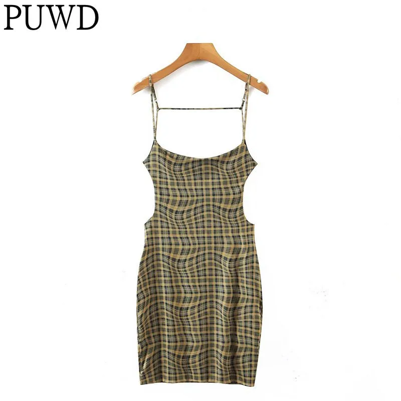 

PUWD Mini Dress Elegant Women Sleeveless Backless 2022 Fashion Ladies Halter Plaid Print Dress Streetwear Female Chic Dresses