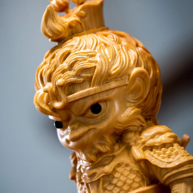 XS339- 19X5X4 CM Sun wukong Boxwood Sculpture Monkey King Wood Carving Statue Collection Ornaments