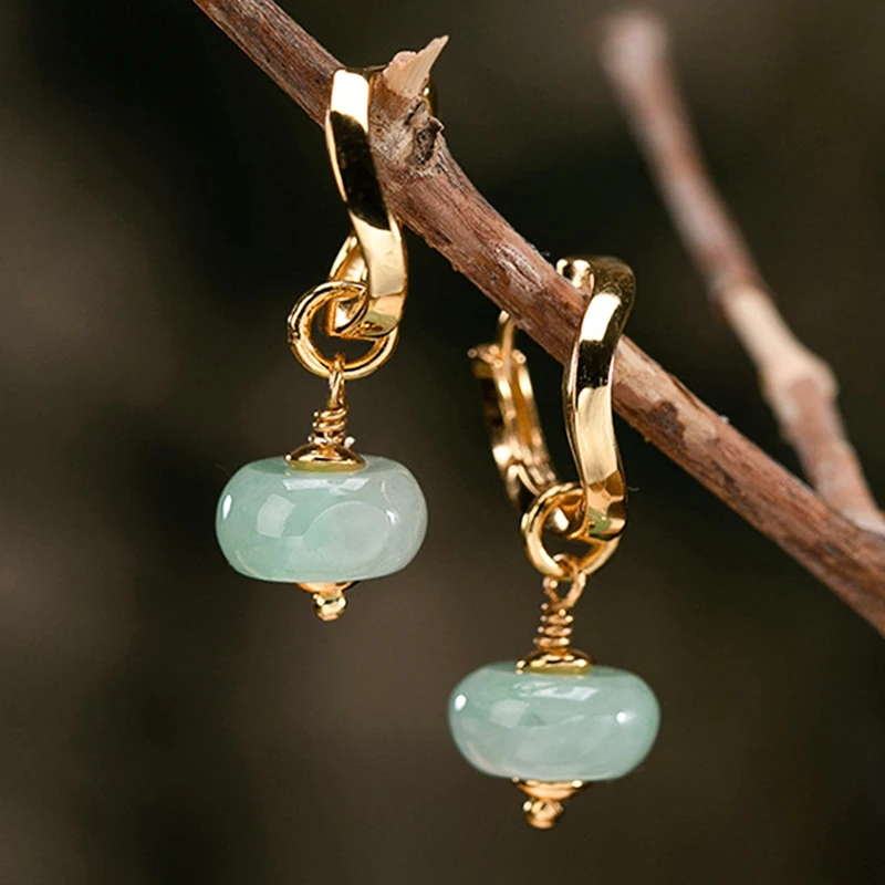

925 Sterling Silver Gold-plated Natural Emerald Jade Earrings Personality Vintage Thai Silver Engagement Earrings Jewelry