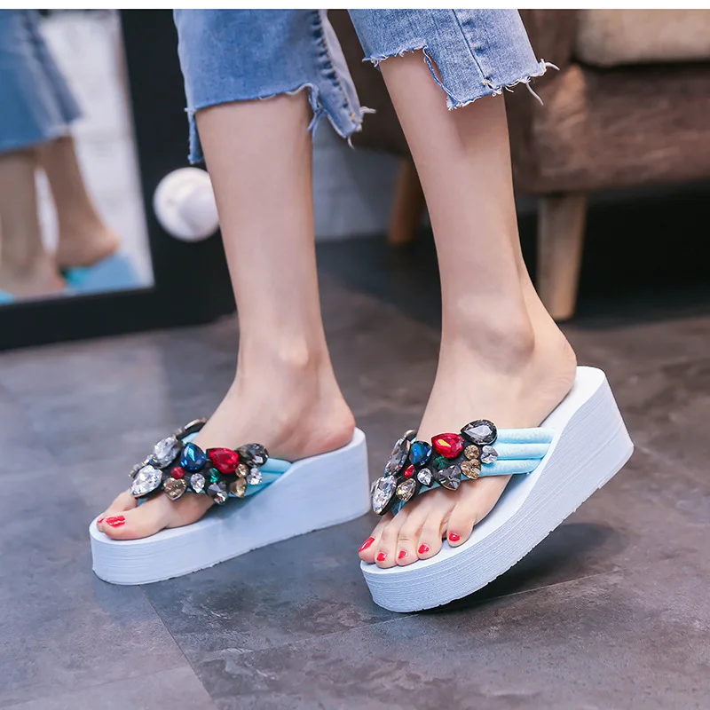 6cm high heel womens beach holiday sandals rhinestone wild non slip womens shoes rhinestone shoes women house slippers free global shipping