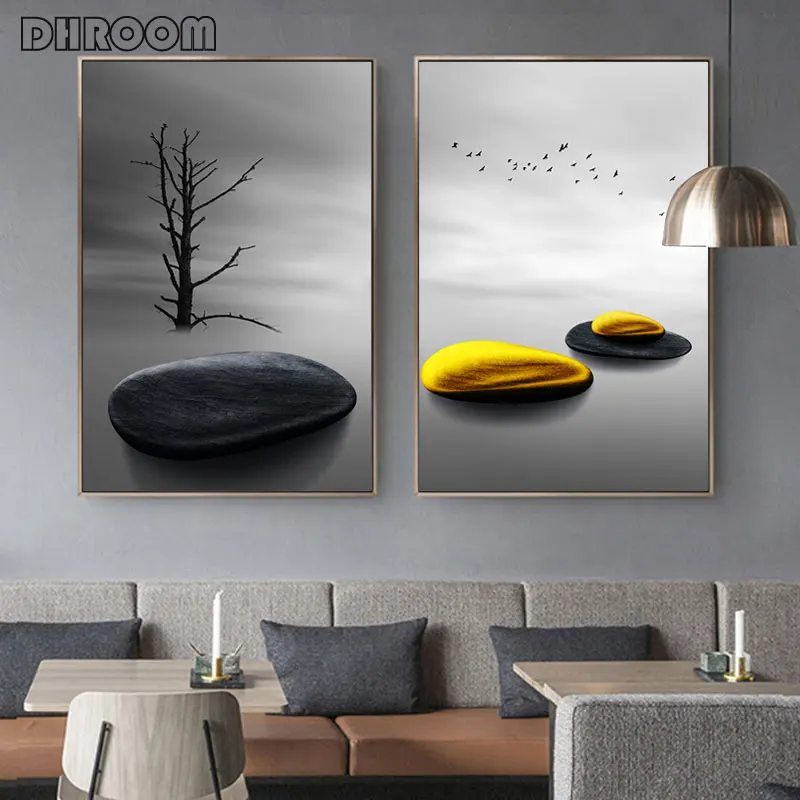 Современный минималистичный пейзаж с принтом деревьев и птиц Постер