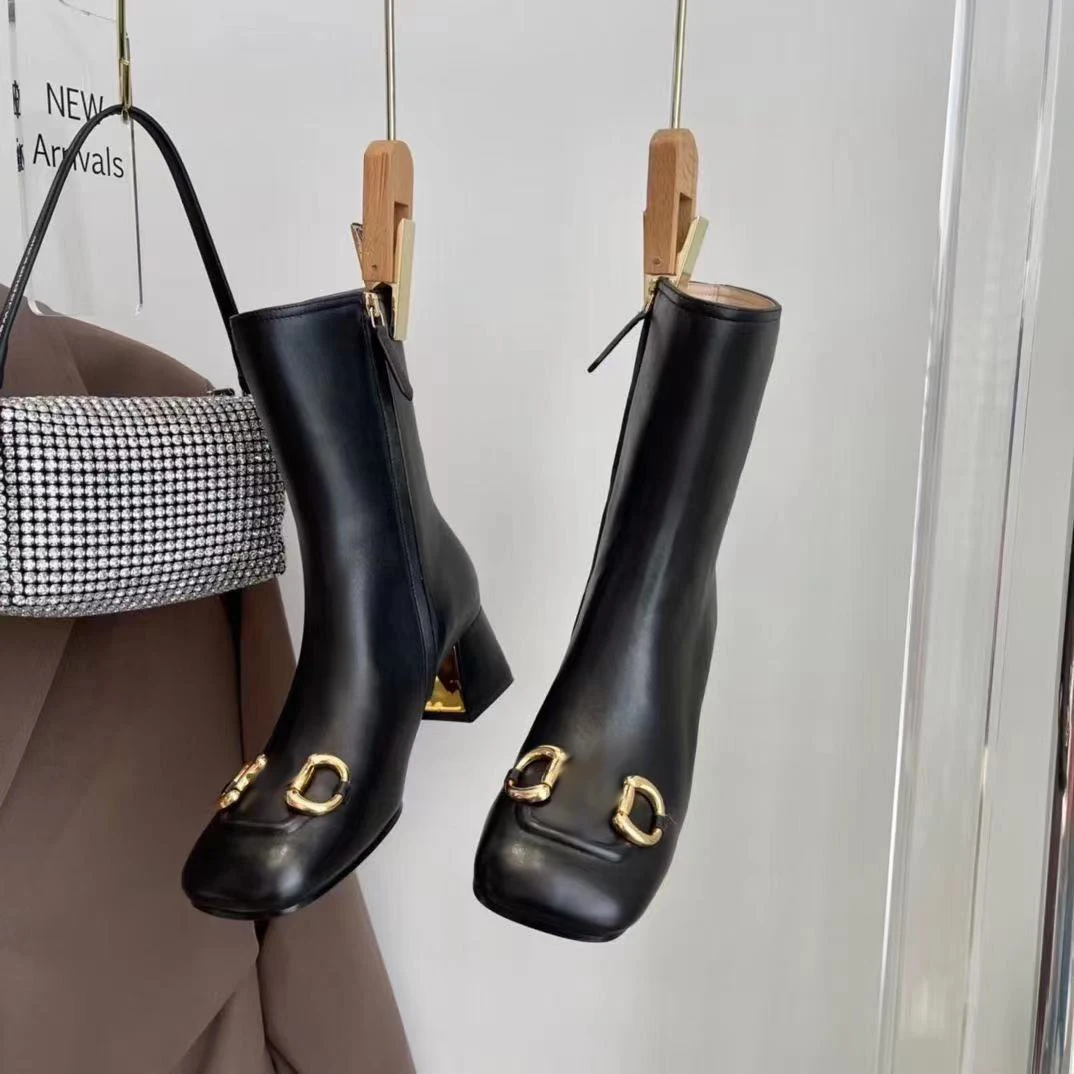 

winter square toe martin boots metal decoration long boots sexy elegant side zipper thick heel women size 40 brand designer