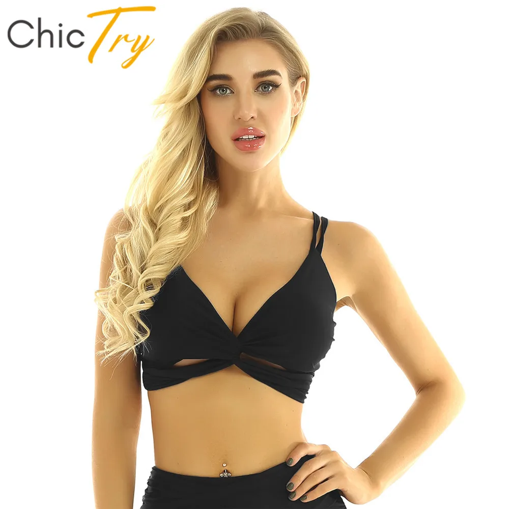 

ChicTry Sexy Women Strappy Deep V Neck Removable Pads Bra Activewear Workout Fitness Yoga Gymnastics Ballet Tops Dance Wear