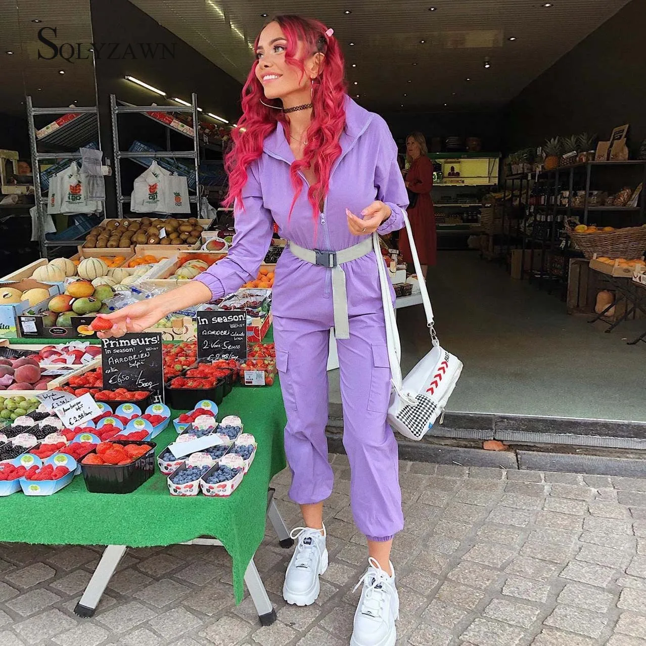 

Women Autumn Long Sleeve Cargo Jumpsuit Trousers Sportwear Ankle-length Female Zipper Up Turtleneck Purple Romper Belt Overalls