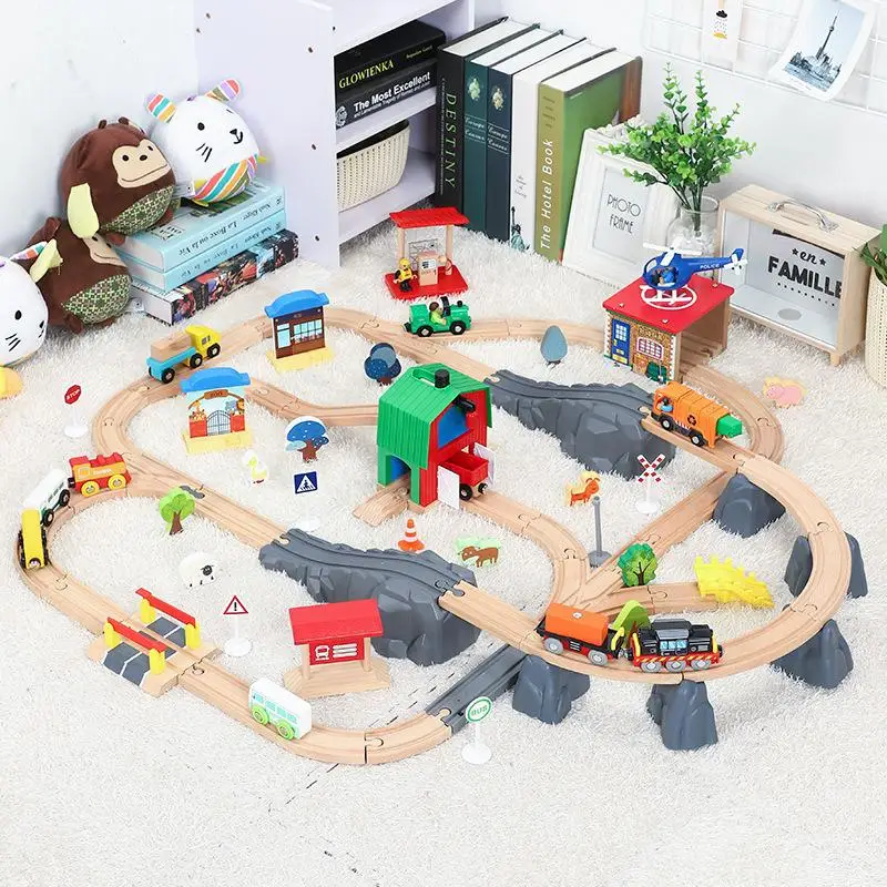 

Набор железнодорожных треков для детей, деревянный пазл для железной дороги, игрушки для поездов, парковка для автомобилей, гаража, игрушки ...