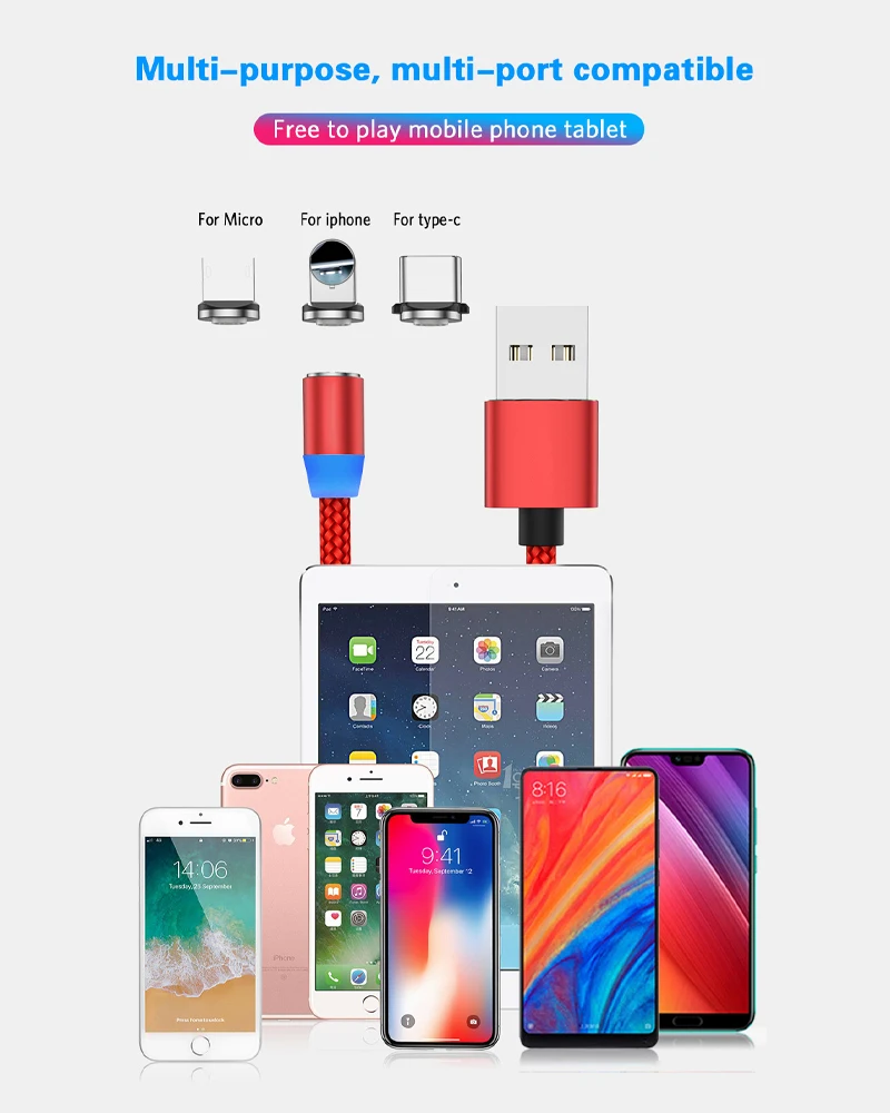 Магнитный usb-кабель для зарядки iphone Xs max Xr X samsung s9 ipad mini, кабели для быстрой зарядки, адаптер, шнур для зарядки мобильного телефона