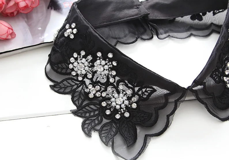 Linbaiway Women Cotton Fake Collar Handmade Beaded Detachable Solid Color Shirt Lace False Blouse Top Decoritive |