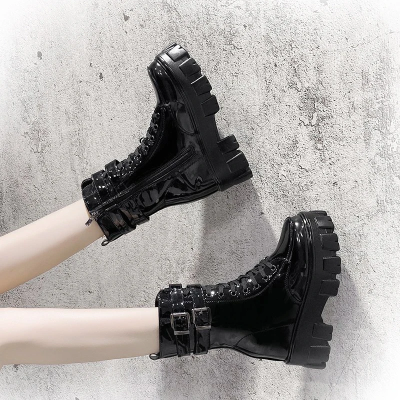 

Plus Velvet Patent Leather Motorcycle Thick-Soled Inner Heightening Mid-Tube Boots TPU Street Punk Trend Women's Boots