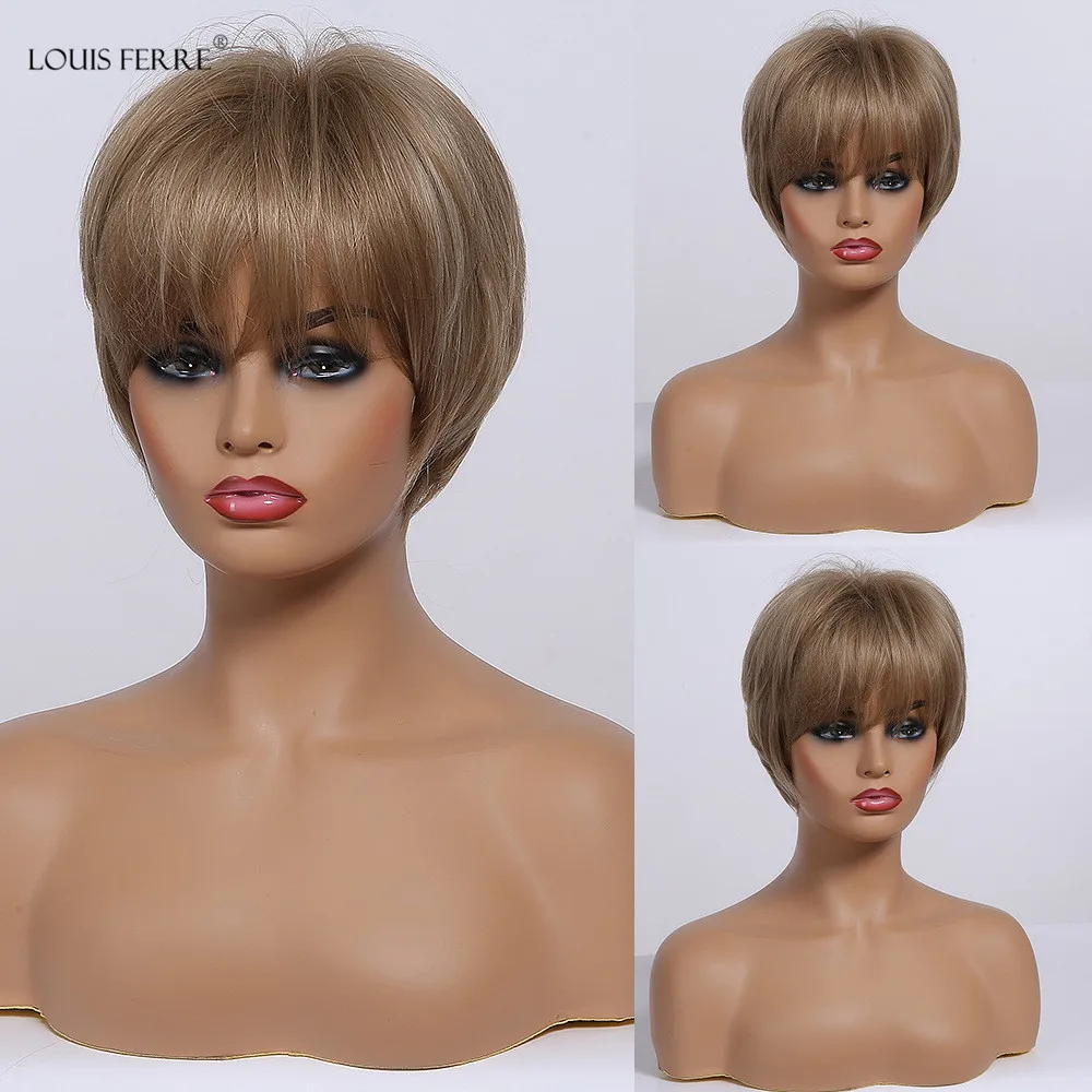 

LOUIS FERRE Short Honey Blonde Brown Synthetic Hair Wigs for Black Women Heat Resistant Fiber Wave Layered Wigs with Bangs