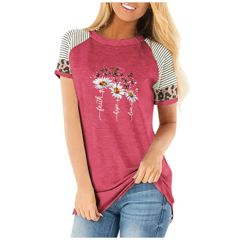 

Womens Casual Short Sleeve Leopard Print Stitching Shirt Lady Summer T Shirt