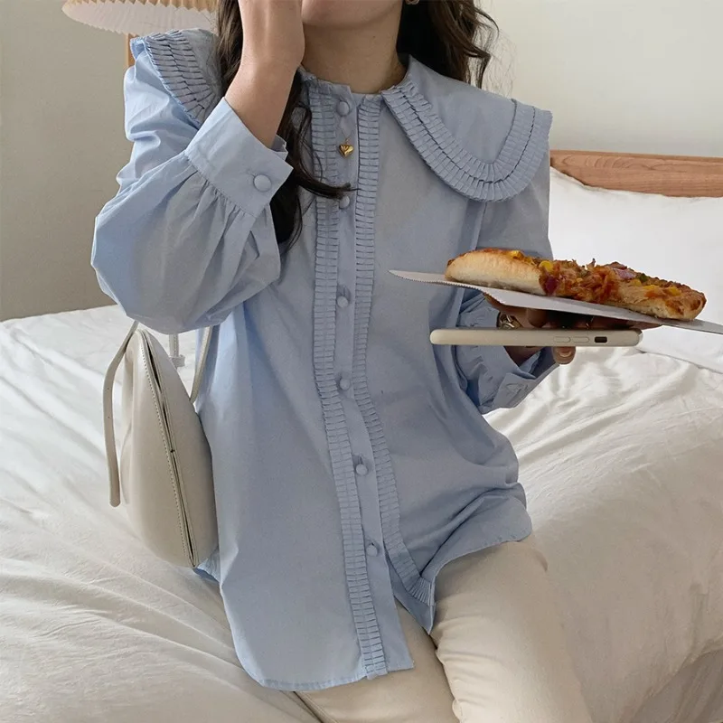 

Korean Chic Puff Sleeve Peter Pan Collar Shirts Wmen Design Office Ladies Blusas 2021 New Simple Sweet Elegant Blusas Mujer