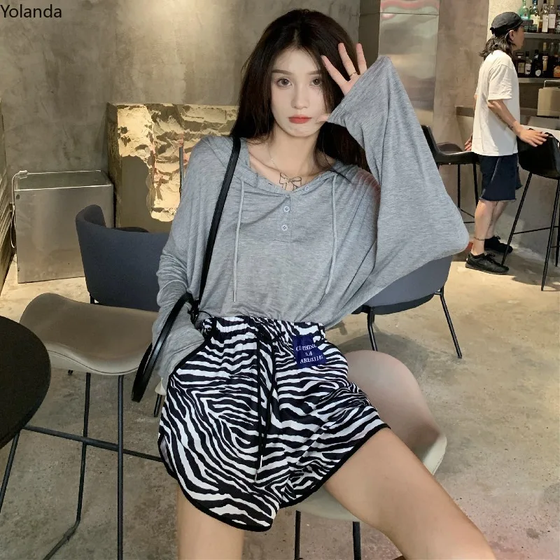 

Sports Leisure Two Piece Suit Autumn 2021 New Women's Hooded Long Sleeved Top Zebra Wide Leg Shorts Woman Skirts