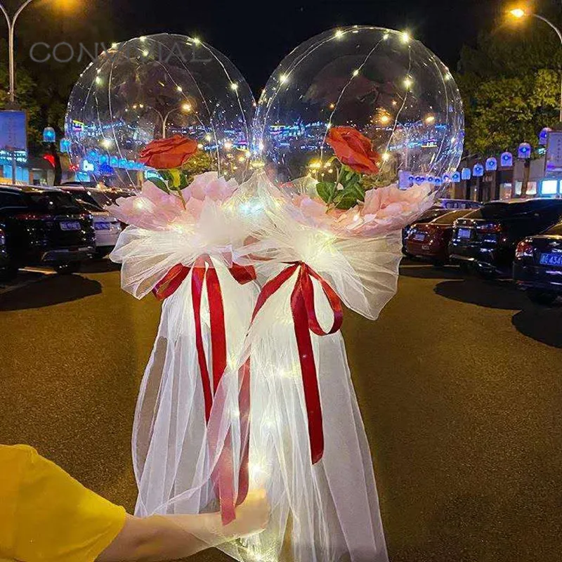

Diy Led Light with Rose Balloons Birthday Mother's Day Gift wedding Decoration Clear Balls Led Luminous Balloon Rose Bouquet