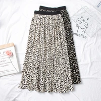 qooth women elegant leopard print pleated skirt casual loose high waisted midi long skirts vintage a line fashion skirt qt1032