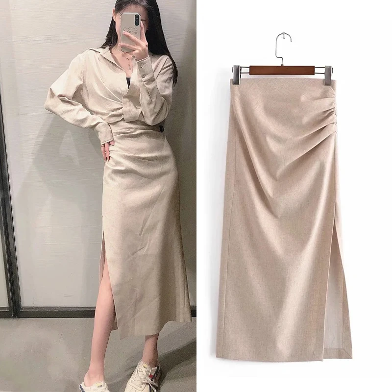 

NWOMN Za 2021 Linen Blend Draped Long Skirts Woman Fashion High Waist Midi Skirt With Side Slit Pleats Elegant Summer Skirt