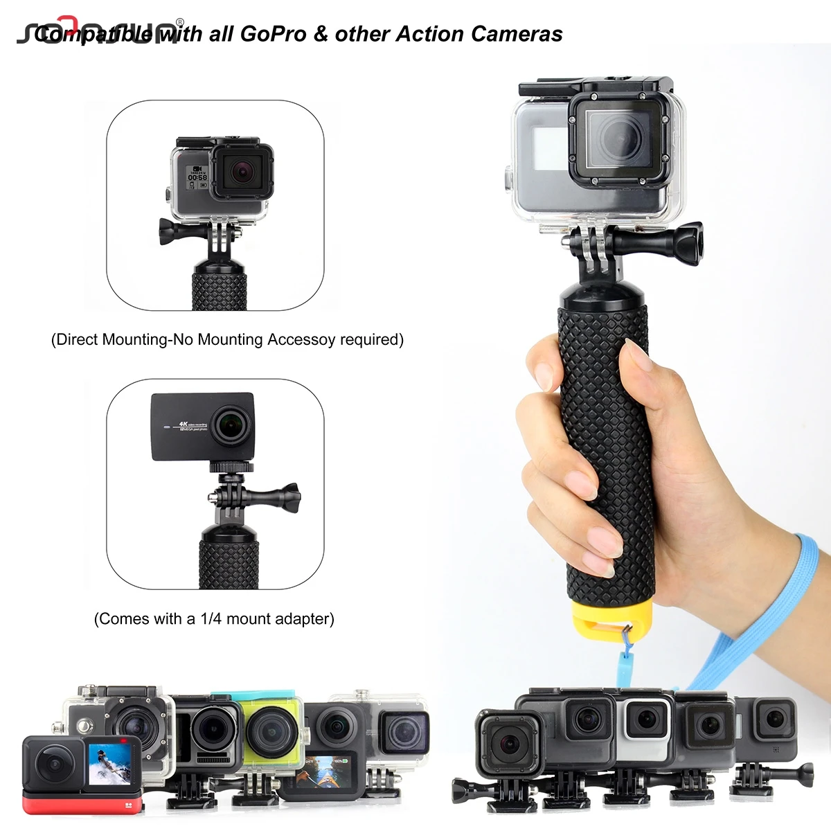 SOONSUN Водонепроницаемая плавающая рукоятка для GoPro Hero 10 9 8 7 6 5 4 3 2 DJI OSMO Action SJCAM Xiaomi Yi