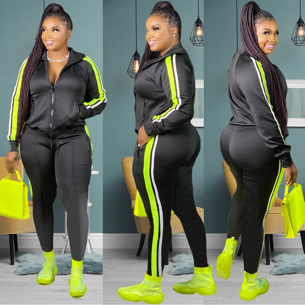 

Cutubly Long Sleeve Women's Set Striped Patchwork Two Piece Set Jackets and Jogger Pants Suit Tracksuit Fitness Fashion Outfit