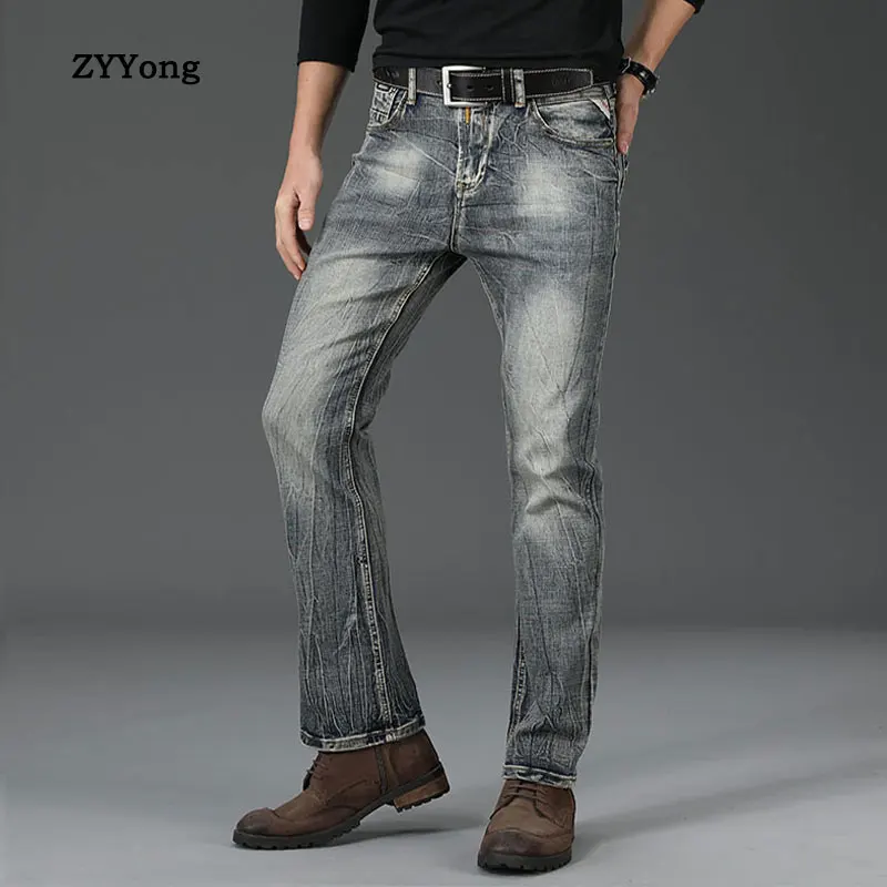 Retro Flared Jeans Men's Boot Cut Slightly Flare Slim Retro Blue High Quality Stretch Slim Classic Casual Pants Gray Trousers