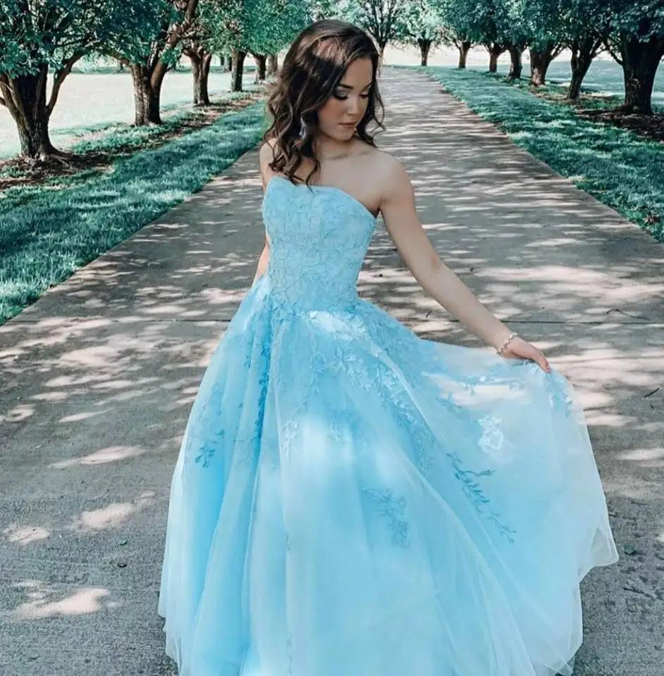 VKBRIDAL Длинные Светло Голубые кружевные Выпускные платья с карманами Макси без