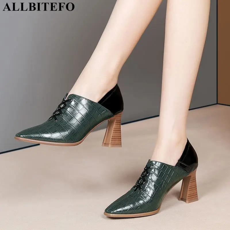 

ALLBITEFO hot sale genuine leather brand high heels office ladies shoes autumn women high heel shoes thick heels women heels