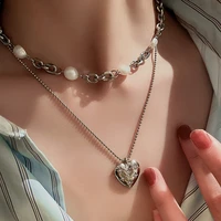 korean temperament love double layer freshwater pearl sweet cool design sense personality versatile fashion neckchain necklace