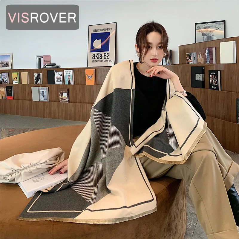 

Женский зимний шарф в клетку VISROVER, черно-белый модный кашемировый шарф, зимний хиджаб