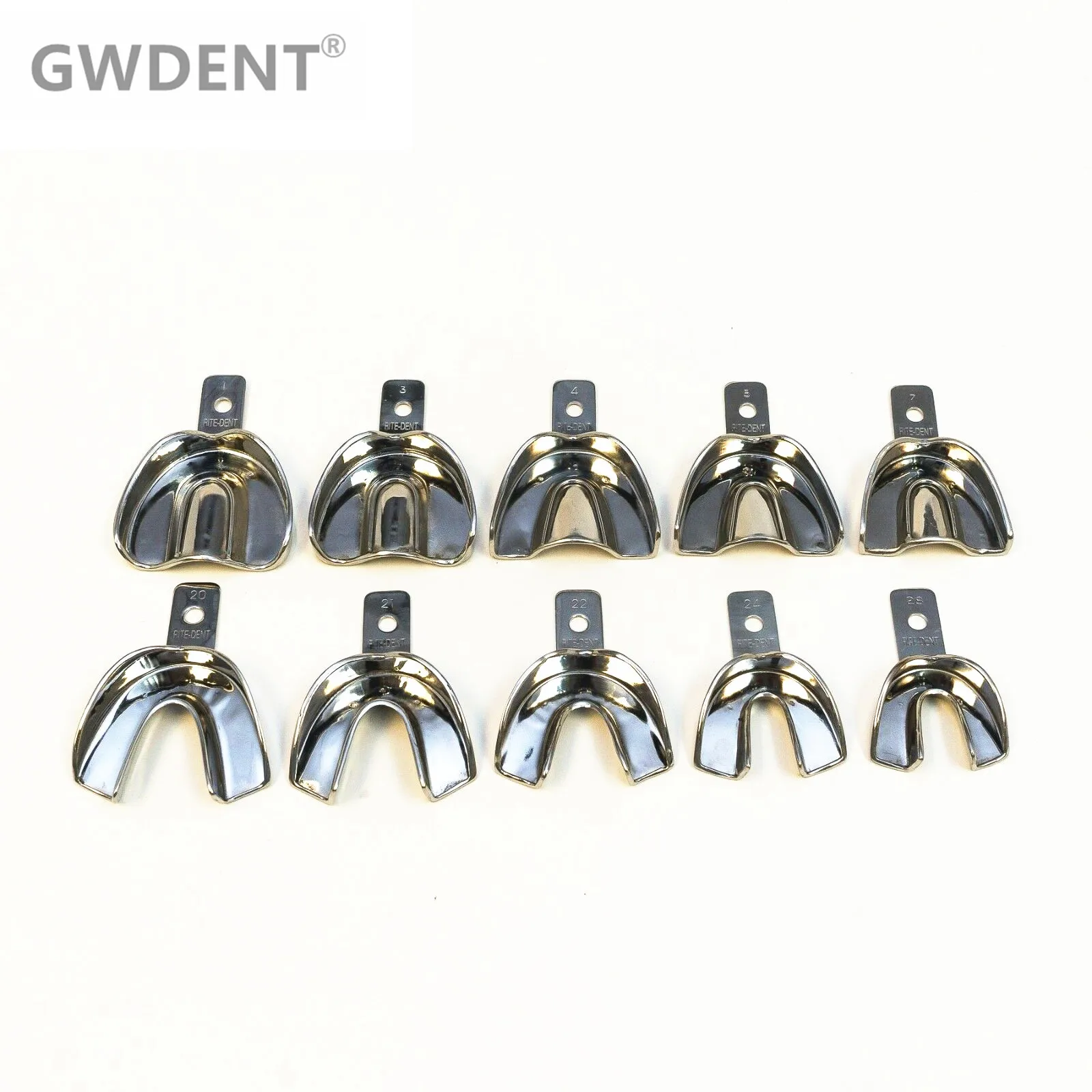 

Dental Impression Stainless Steel Trays Rim Lock Non-Perforated Set of 10Pcs XS.S.M.LXL Upper/Lower