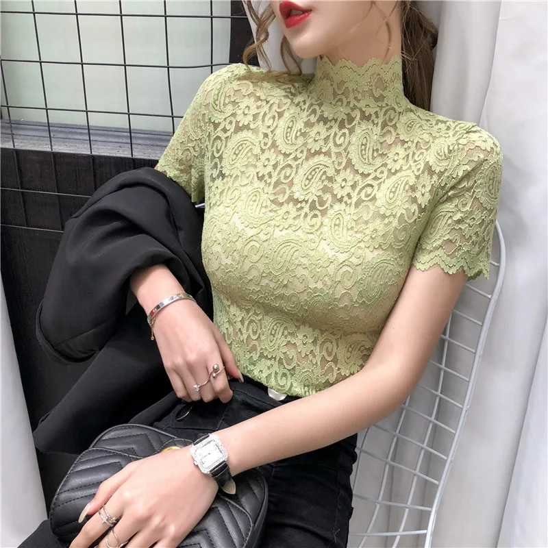 

short sleeve turtleneck lace blouse Lace shirt women's retro 2021 summer new slim mesh half-high collar short-sleeved tops