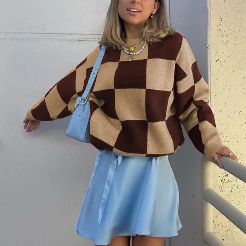 

Women Knitted Sweater Fashion Loose Pullover Ladies Autumn Winter Plaid Streetwear Casual Women Jumper Sueter Mujer Pullovers