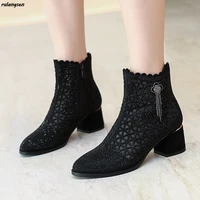 2021 spring and autumn pointed toe hollow black mesh boots mesh breathable womens boots mid heel large size cool boots