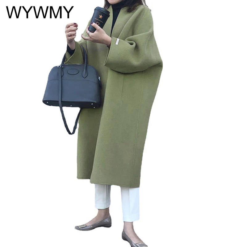

WYWMY Korean Fashion Autumn Coat Thin Oversized Round Neck Wool Blend Long Trench Coats Women Fall Office Ladies Casual Jackets